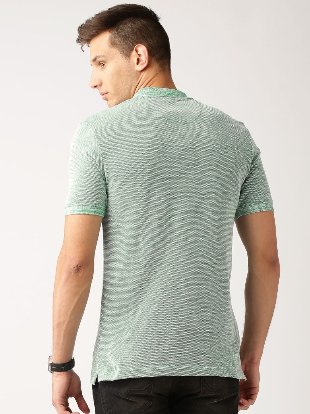 ether Men Green  White Self Design Slim Fit Polo Collar Pure Cotton T-shirt