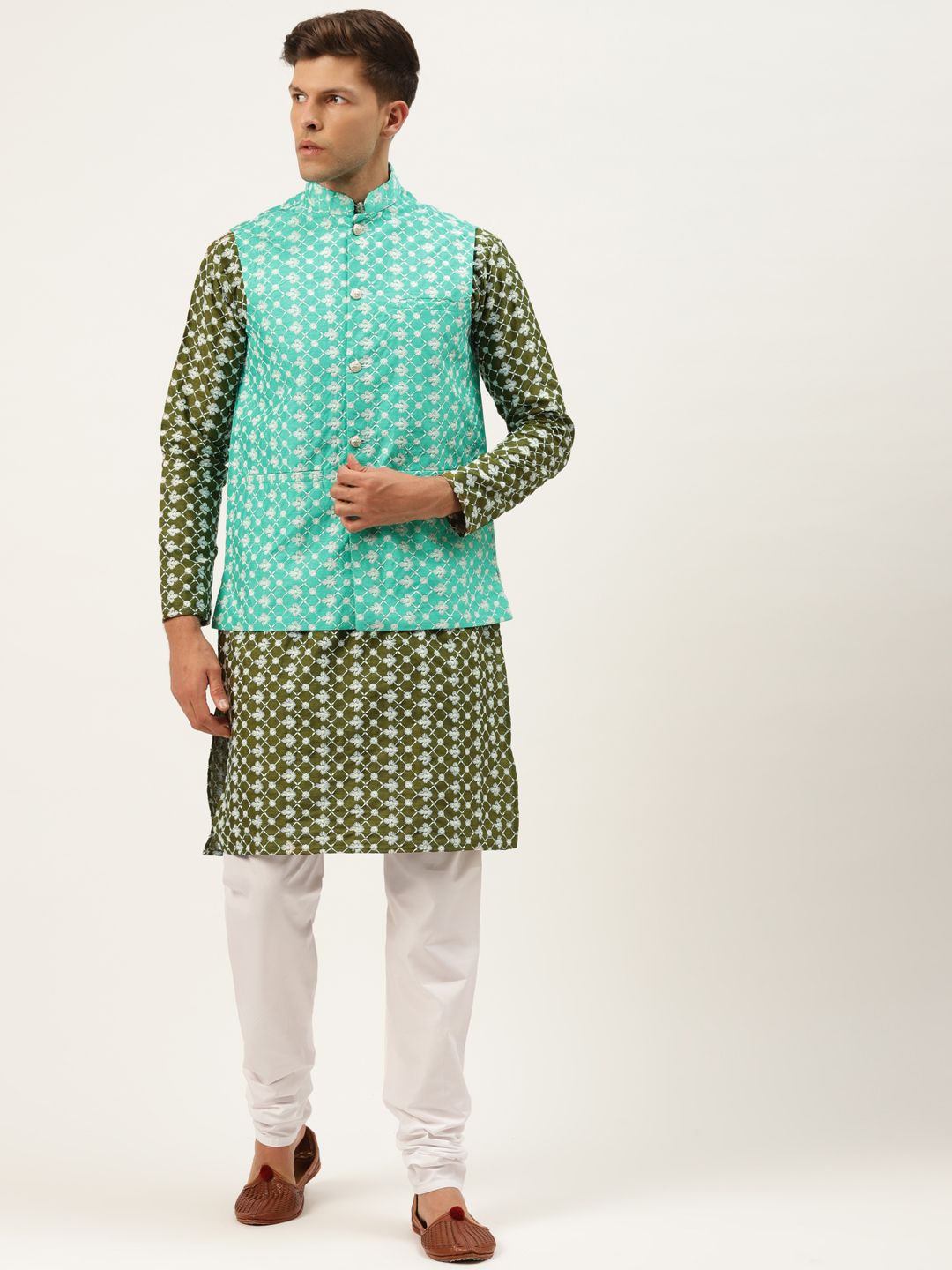 SOJANYA Lelaki Motif Etnik Zaitun Sulam Benang Kerja Kurta dengan Churidar