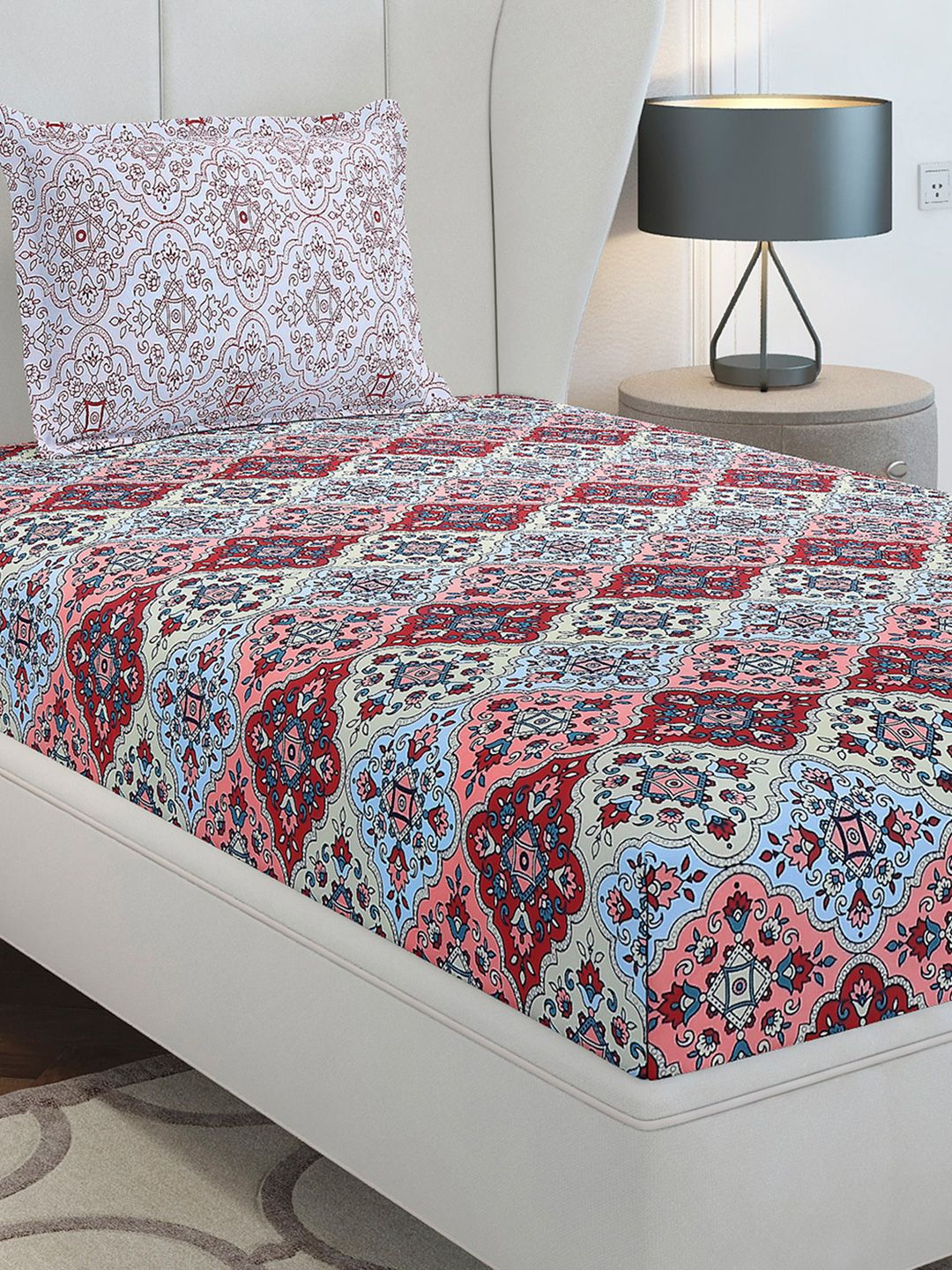 Monte Carlo Maroon & Blue Ethnic Motifs Cotton 144 TC Single Bedsheet Set-2.29 m x 1.52 m