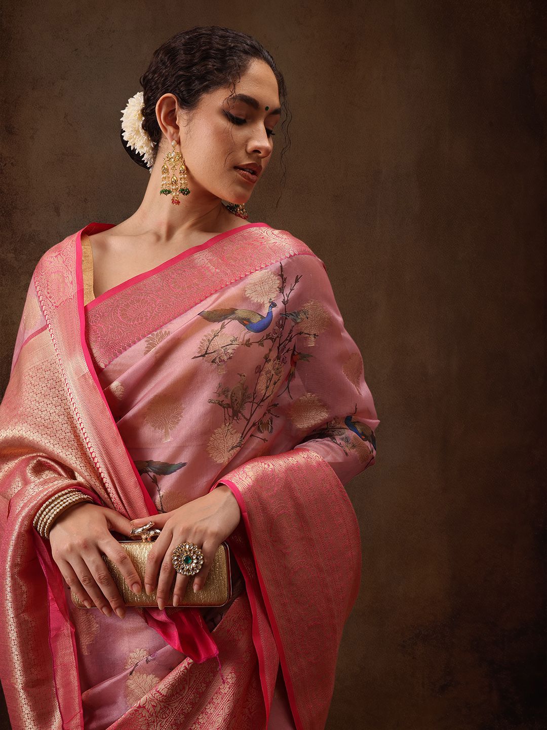 Silk Land Woven Floral Art Silk Chanderi Digital Print Saree