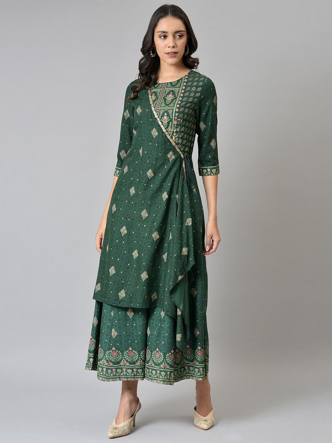 W Women Green Glitter Printed Angrakha Jumpsuit