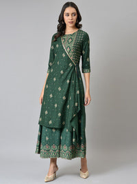 W Women Green Glitter Printed Angrakha Jumpsuit