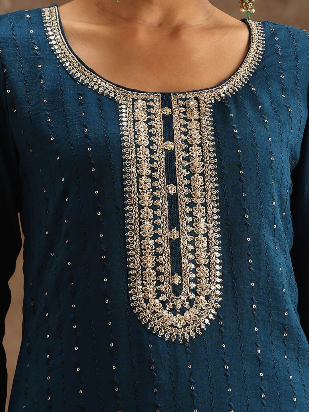 Libas Teal & Gold-Toned Ethnic Motifs Embroidered Sequined Kurta with Trousers & Dupatta