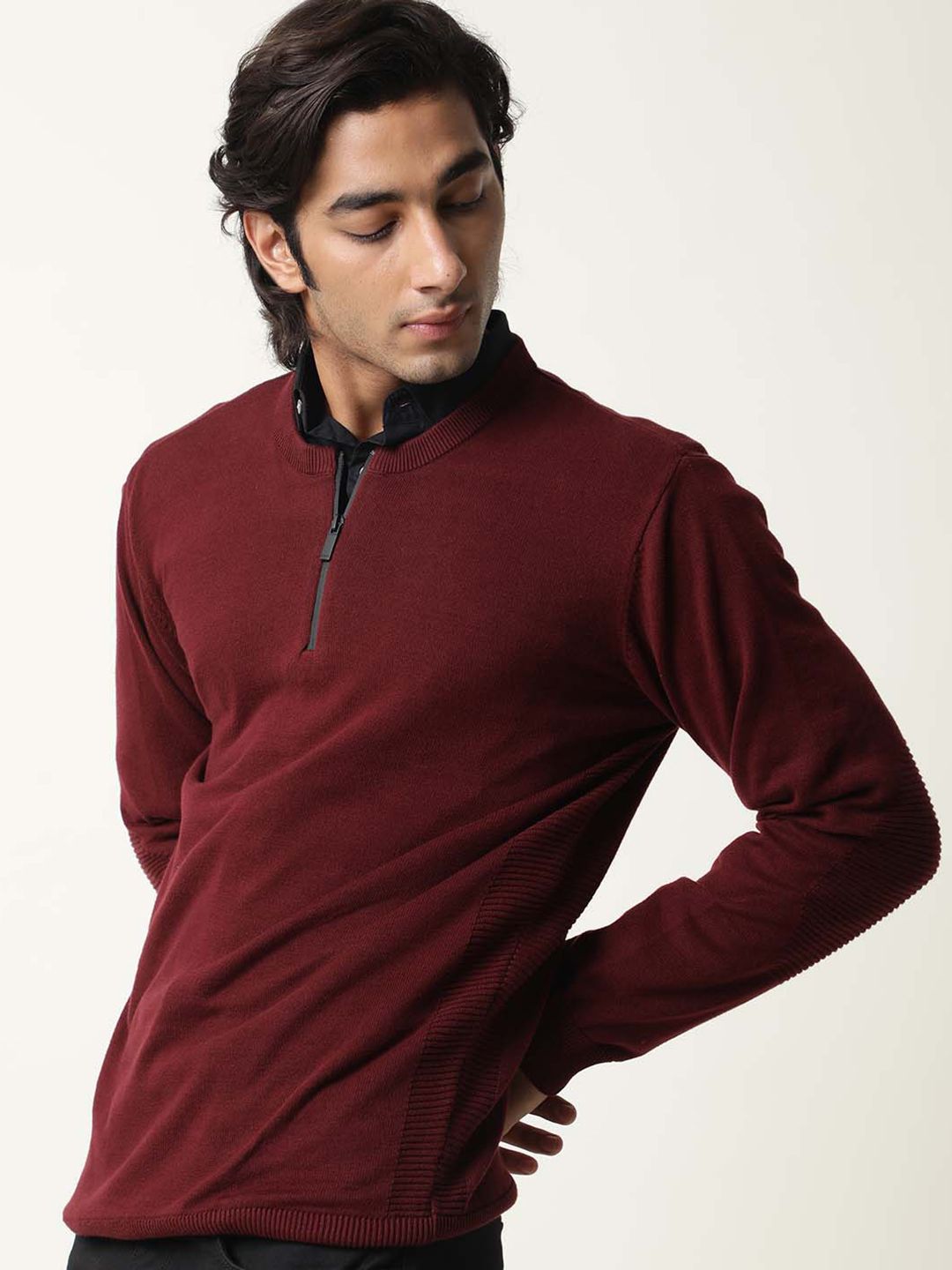 RARE RABBIT Men Rumbled Slim Fit Half Zipper Sweater
