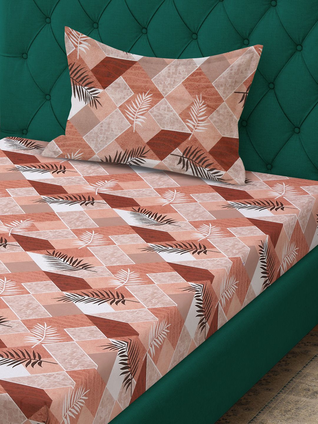 KLOTTHE Rust & Brown Floral Printed Pure Cotton 400 TC Single Bedsheet With Pillow Cover
