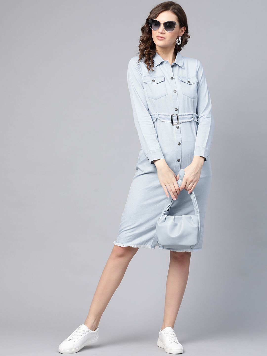 SASSAFRAS Serene Blue Solid Frayed Denim Dress