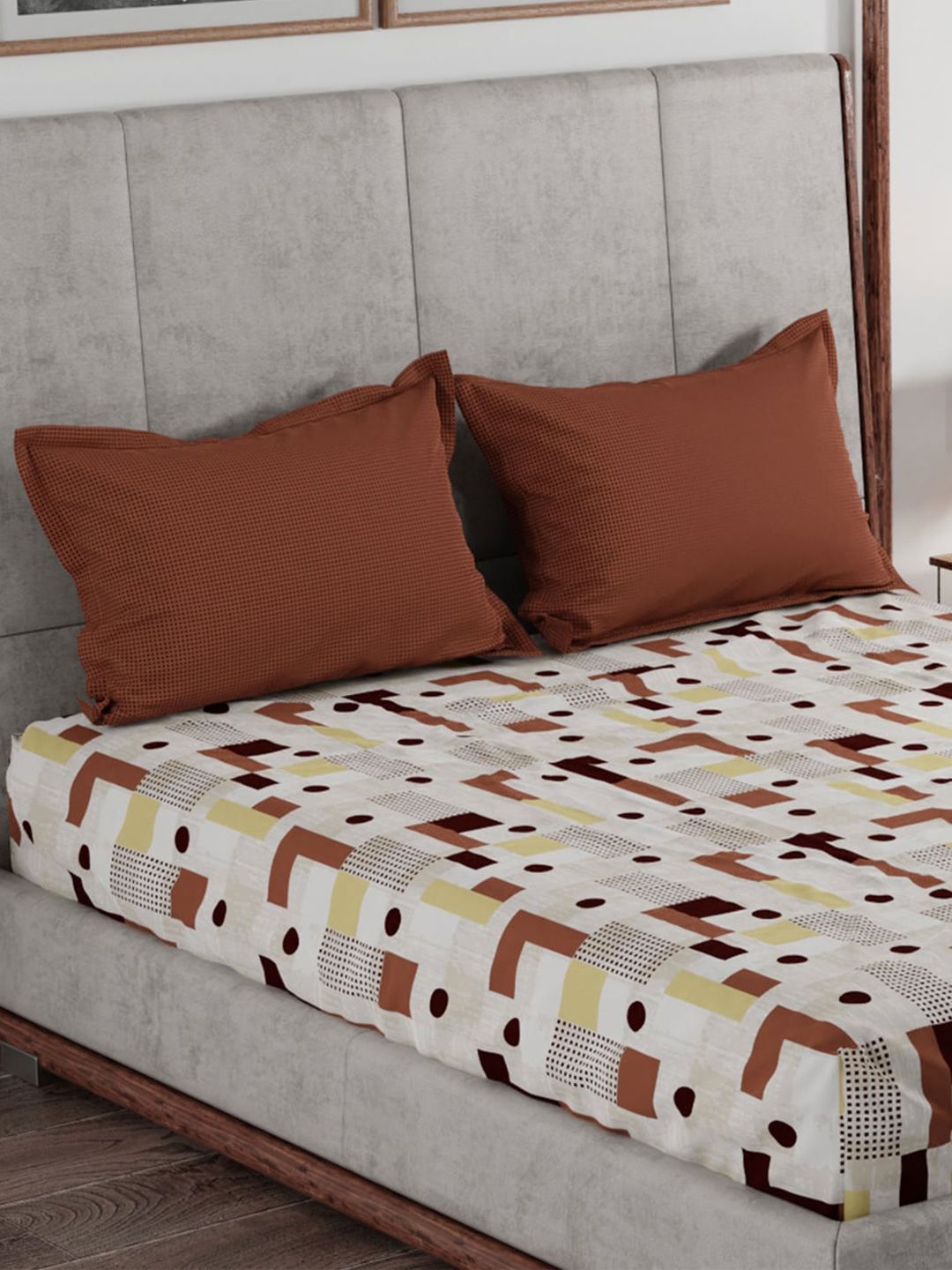 MYTRIDENT Brown  Yellow Geometric 100% Cotton 120 TC Queen Bedsheet with 2 Pillow Covers