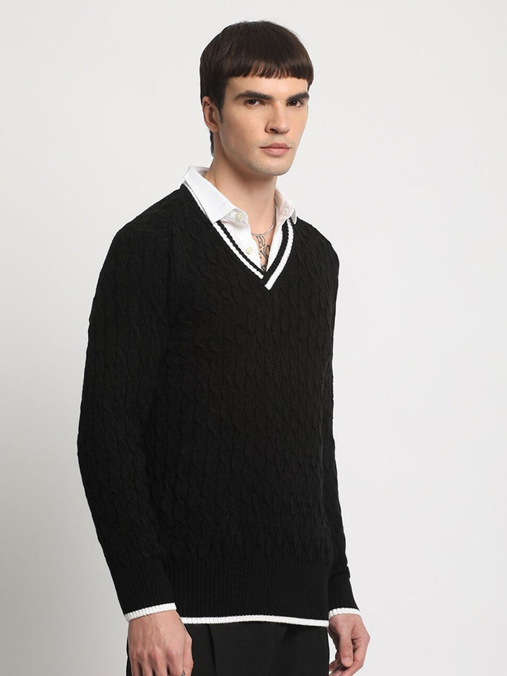 THE BEAR HOUSE Self Design V-Neck Woollen Pullover Sweater
