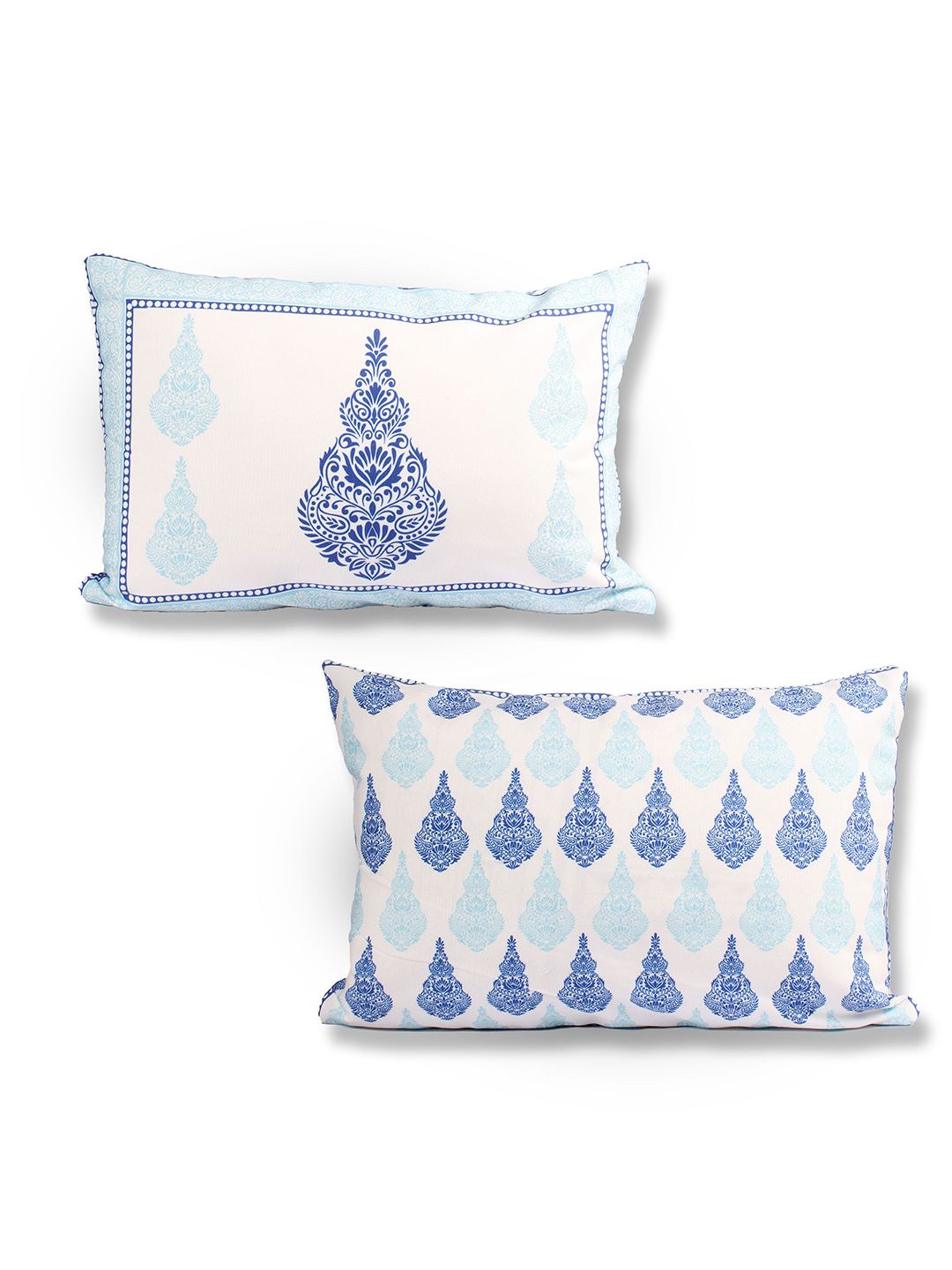 STITCHNEST White & Blue 2 Pieces Ethnic Motifs Rectangle Cushion Covers