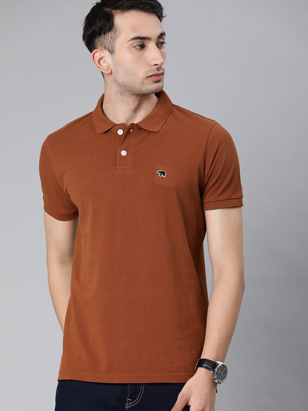 THE BEAR HOUSE Men Rust Brown Solid Polo Collar Pure Cotton T-shirt