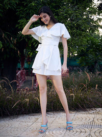Berrylush White V-Neck Flared Ruffled Playsuit