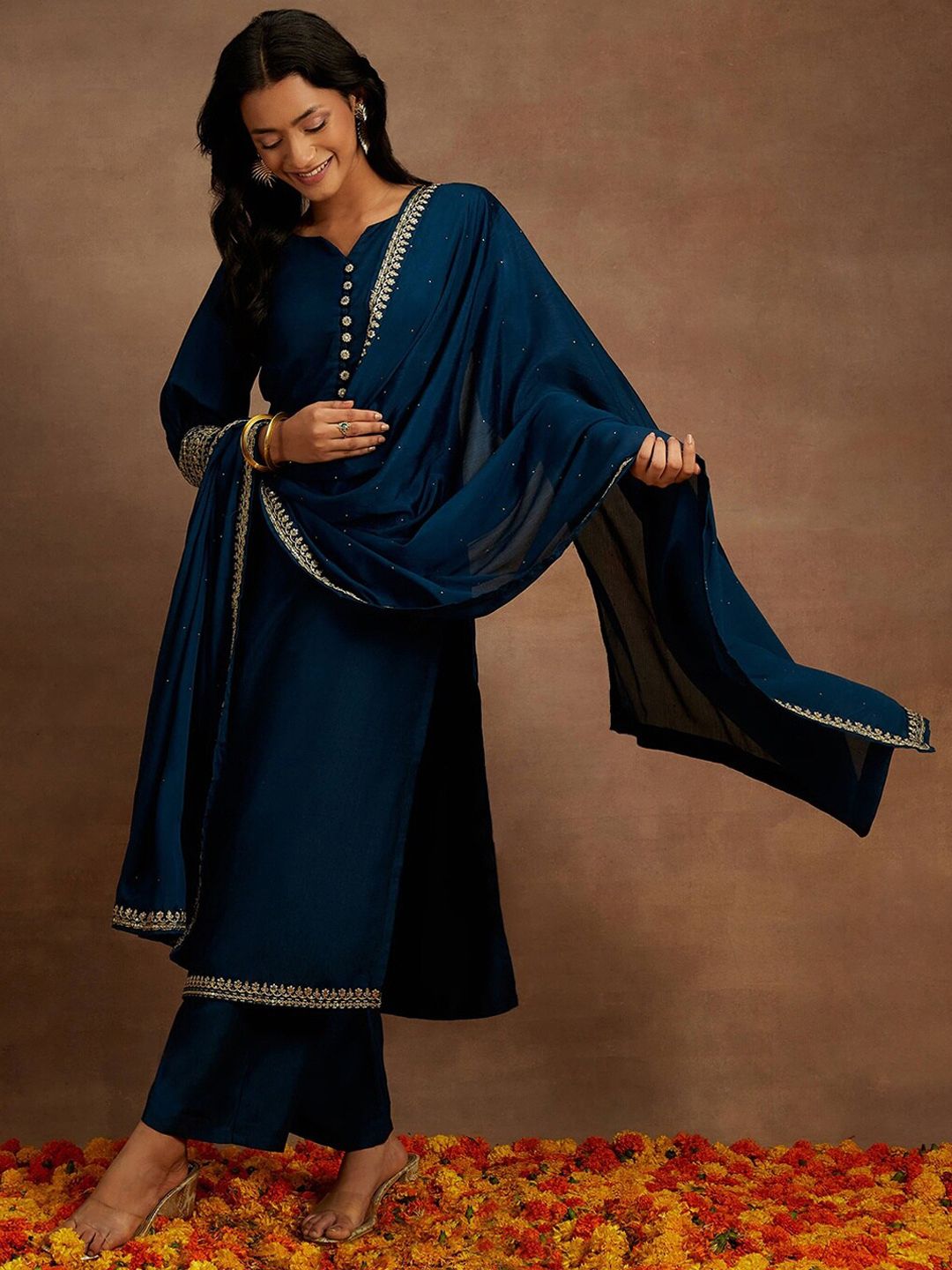 Libas Straight Round Neck Kurta with Palazzos & Dupatta