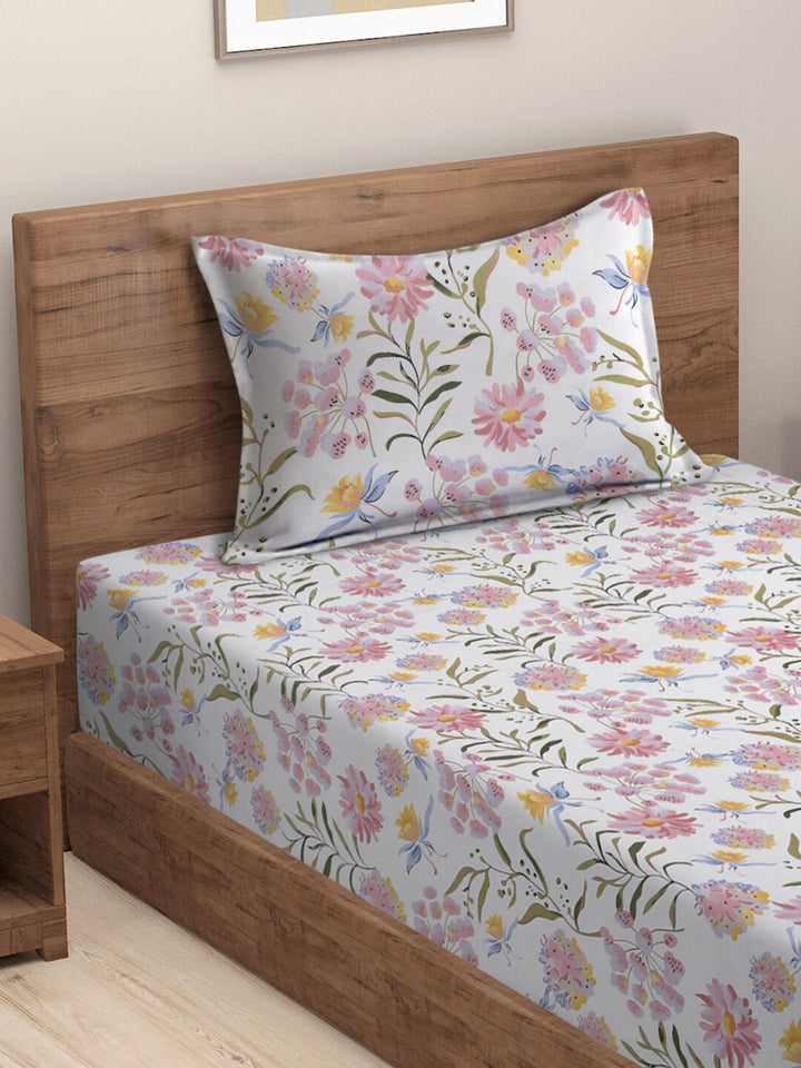 HOSTA HOMES White & Green Floral 210 TC Flat Cotton Single Bedsheet & 1 Pillow Cover