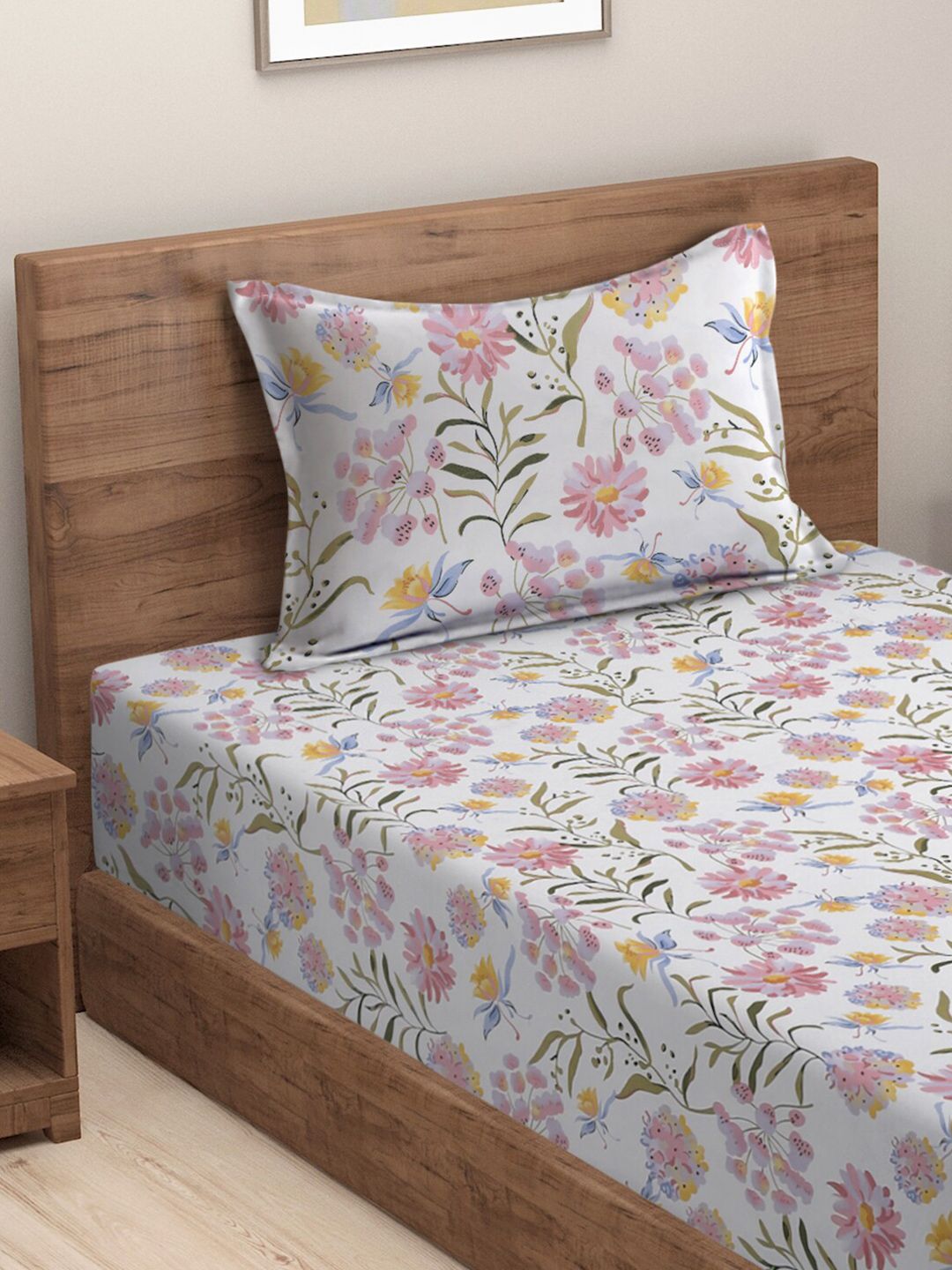 HOSTA HOMES White & Green Floral 210 TC Flat Cotton Single Bedsheet & 1 Pillow Cover