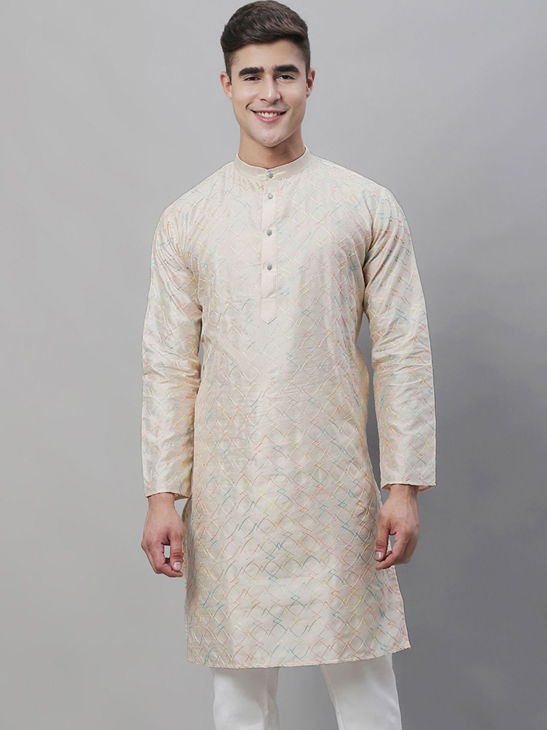 SOJANYA Band Collar Sulam Cotton Silk Kurta