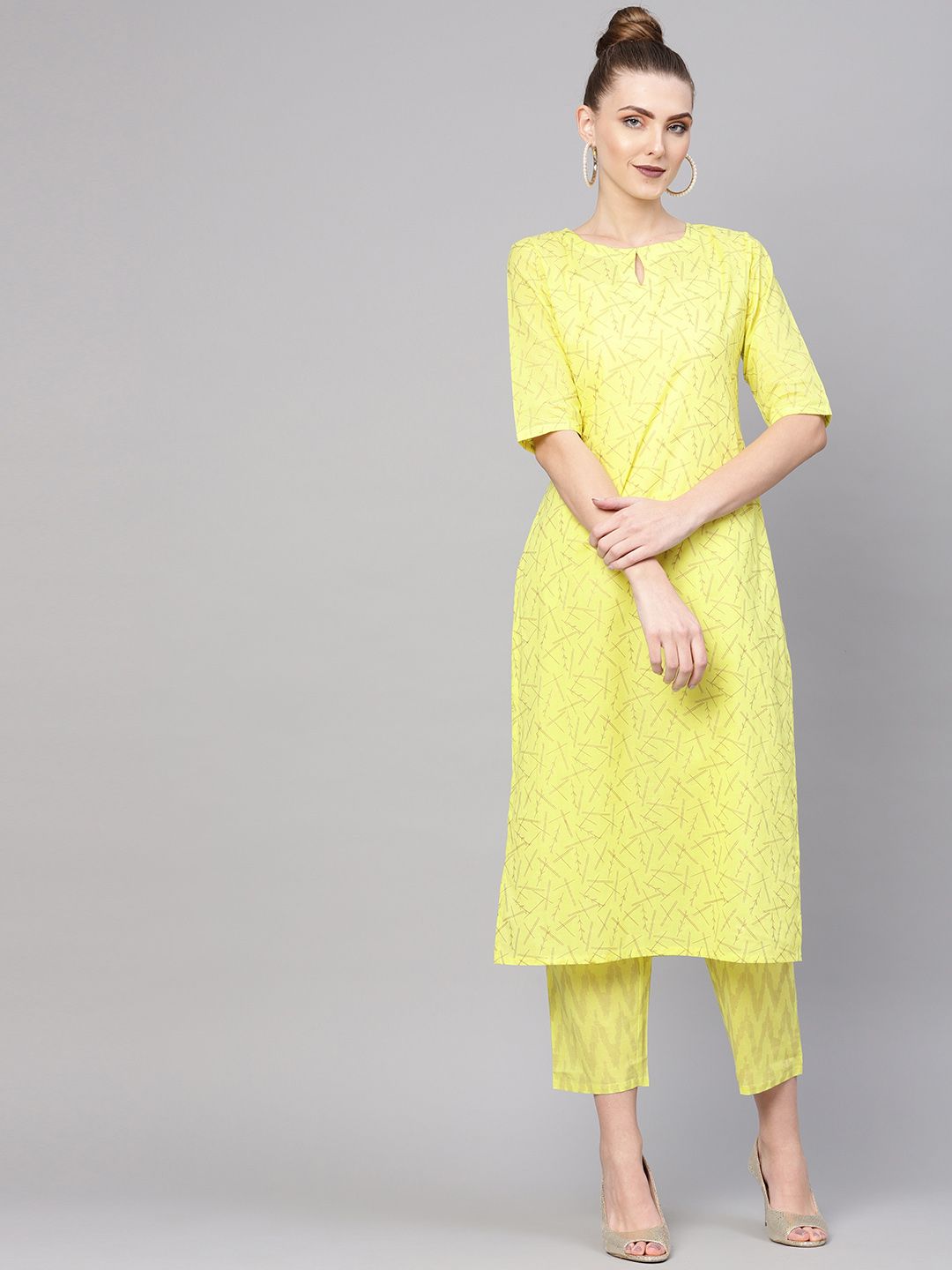 Gerua By Libas Women Lime Green  Golden Block Print Kurta with Trousers