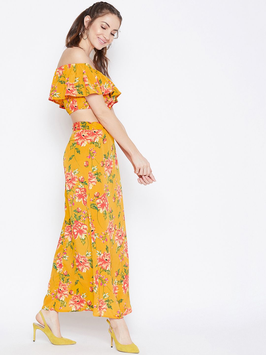 Berrylush Women Yellow & Pink Floral Printed Top with Skirt