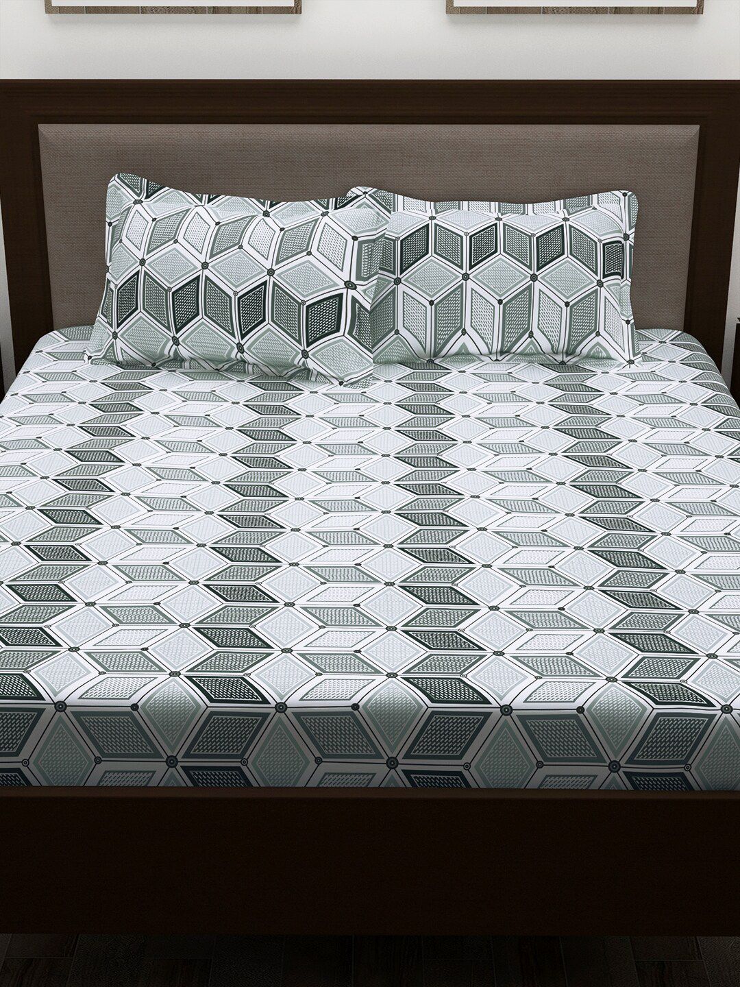 Story@home White & Olive Green Geometric Cotton 186 TC Queen Bedsheet With 2 Pillow Covers