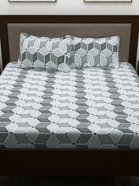 Story@home White & Olive Green Geometric Cotton 186 TC Queen Bedsheet With 2 Pillow Covers
