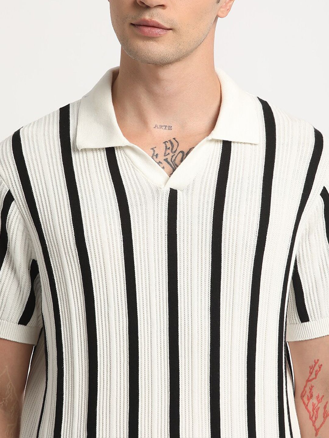 THE BEAR HOUSE Striped Regular Fit Polo Collar Cotton T-shirt