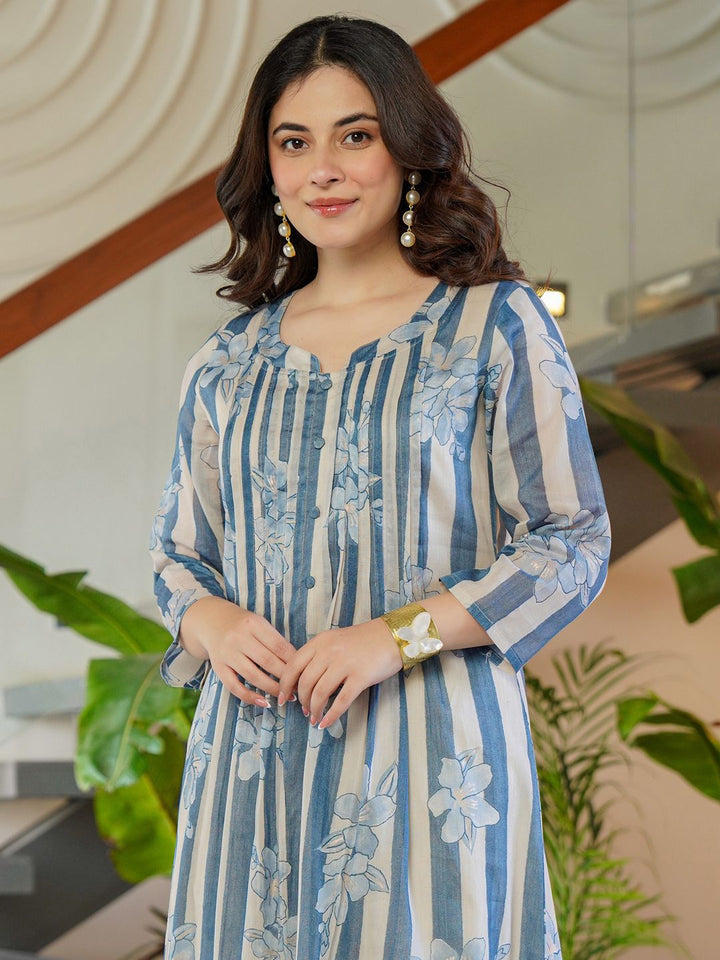 Indo Era Floral Printed Round Neck A-Line Pure Cotton Kurta With Trousers