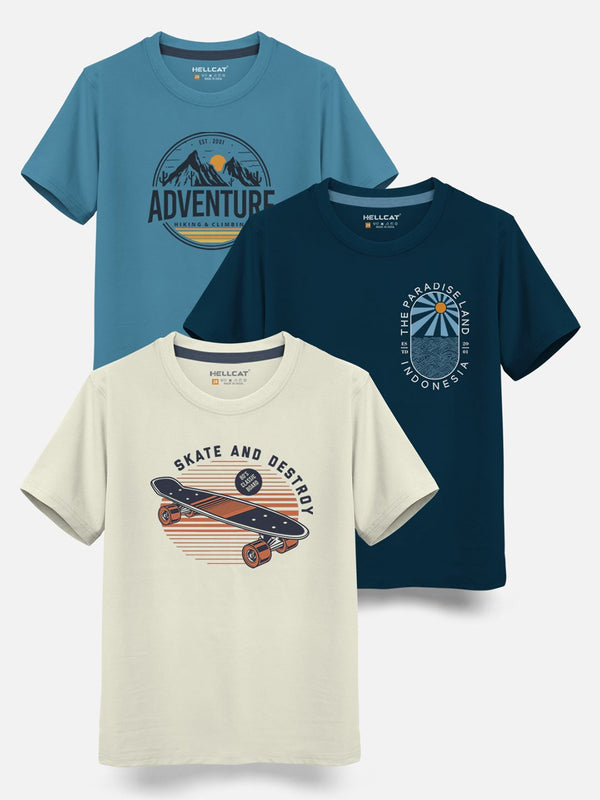 HELLCAT Boys Pack Of 3 Printed Cotton T-shirt