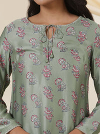 W Floral Printed Tie-Up Neck Sequinned Straight Kurta