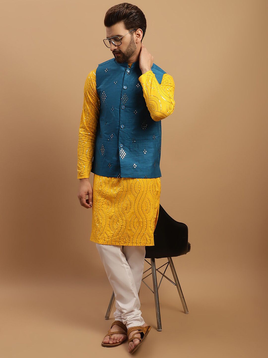 SOJANYA Embroidered Sequinned Pure Cotton Kurta with Churidar & Embellished Nehru Jacket