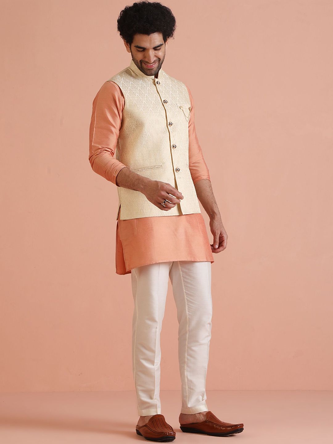 KISAH Men Ethnic Motifs Mandarin Collar Woven Design Nehru Jacket