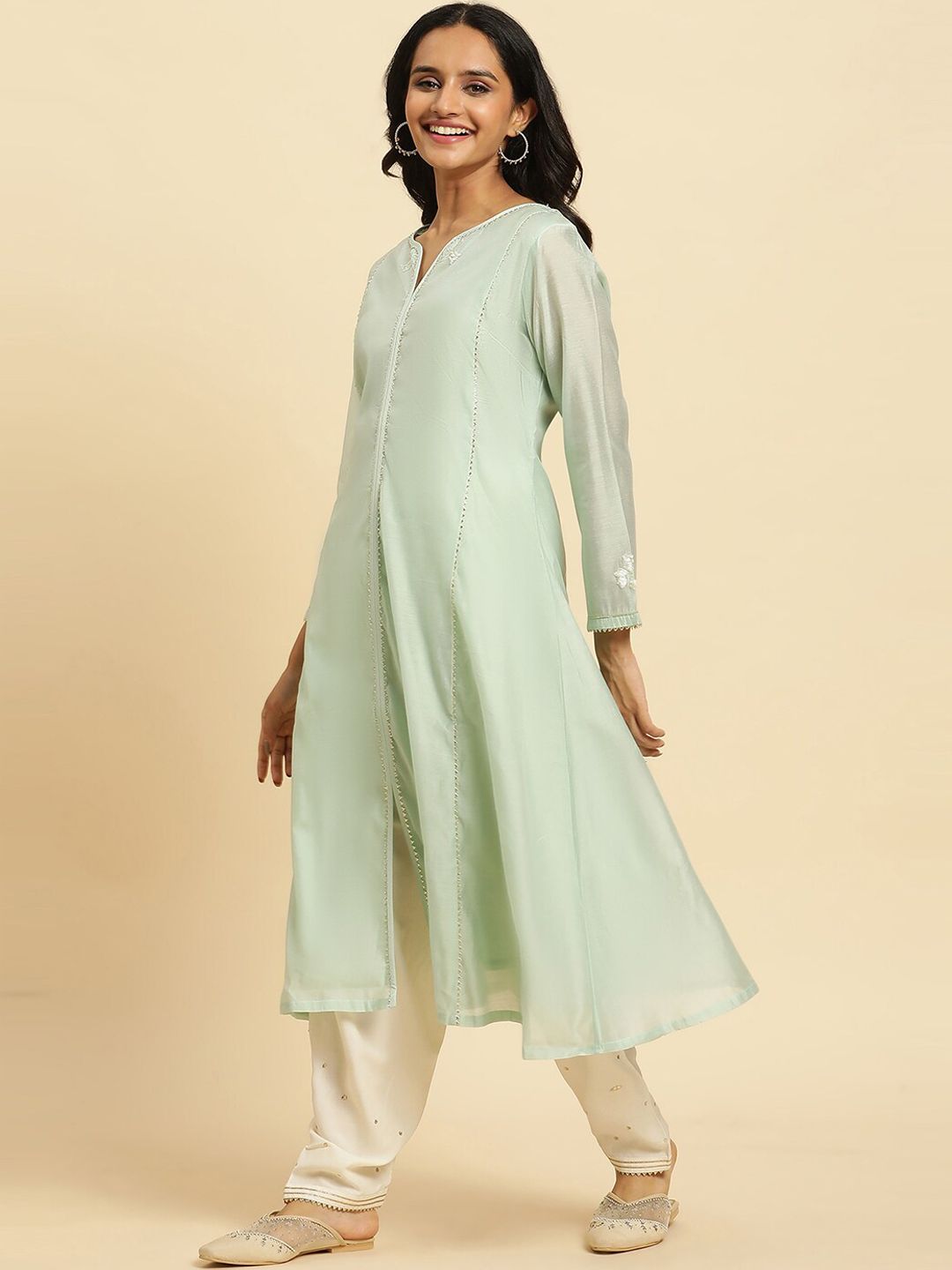 W Green Round Neck Gotta Patti A-Line Kurta