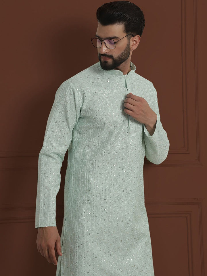 SOJANYA LUXE Lelaki Motif Etnik Sulam Kolar Mandarin Kurta Lurus Dengan Pijama