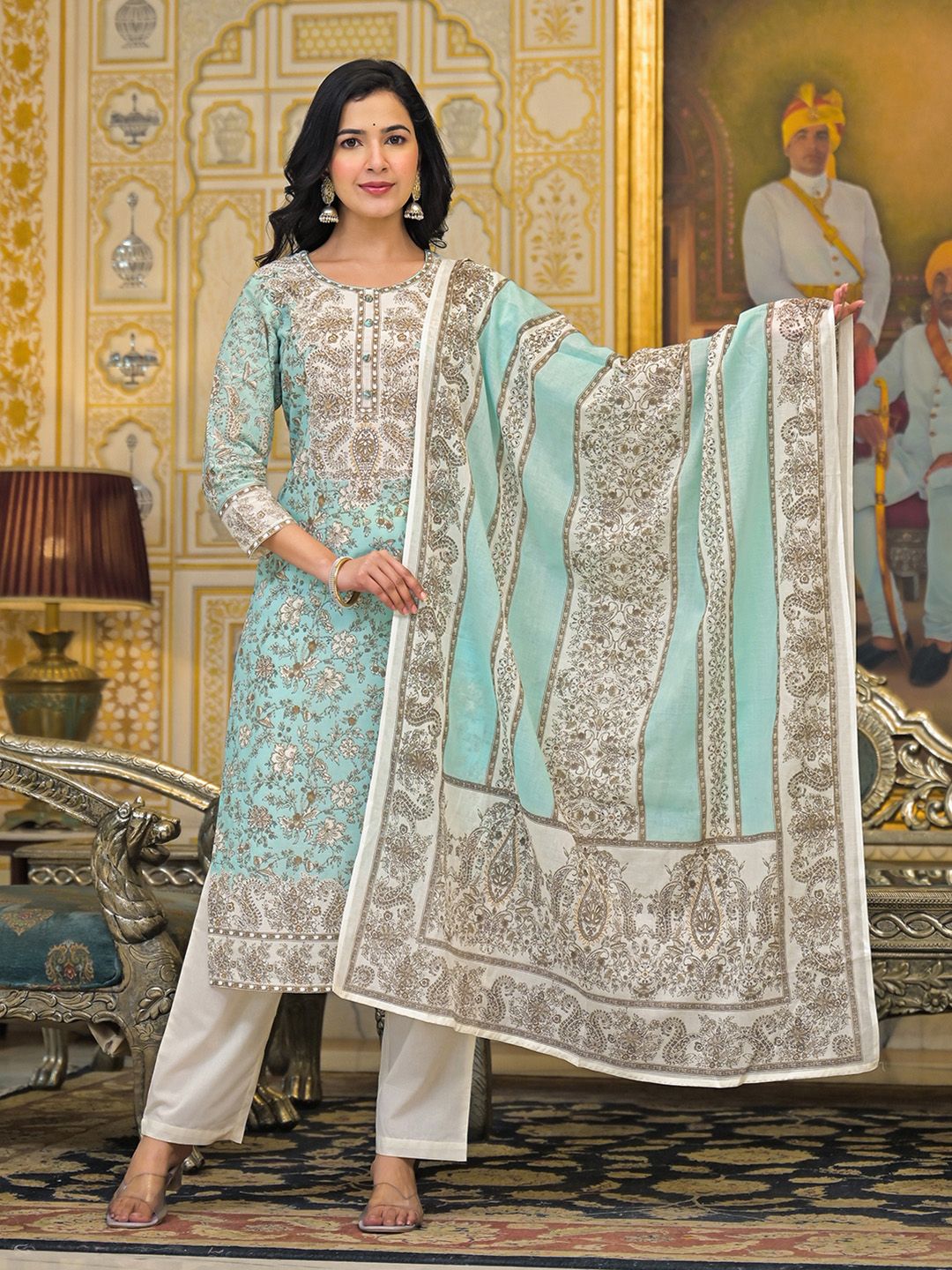 Varanga Women Floral Printed Regular Beads and Stones Pure Cotton Kurta with Trousers & With Dupatta