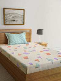 KLOTTHE Cream Geometric Polycotton 300 TC Single Fine Bedsheet with a Pillow Cover-87 x 59 inches