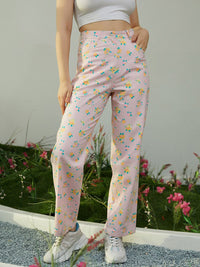 Berrylush Women Pink Floral Printed Relaxed Straight Leg Straight Fit High-Rise Trousers
