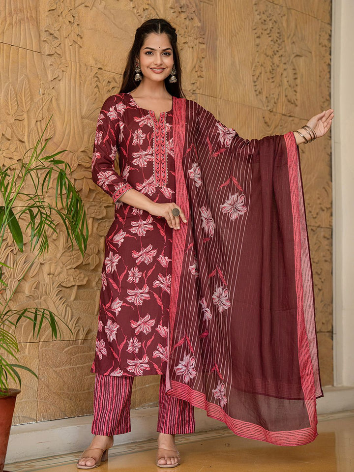 KALINI Floral Printed Notch Neck Straight Kurta With Trousers & Dupatta