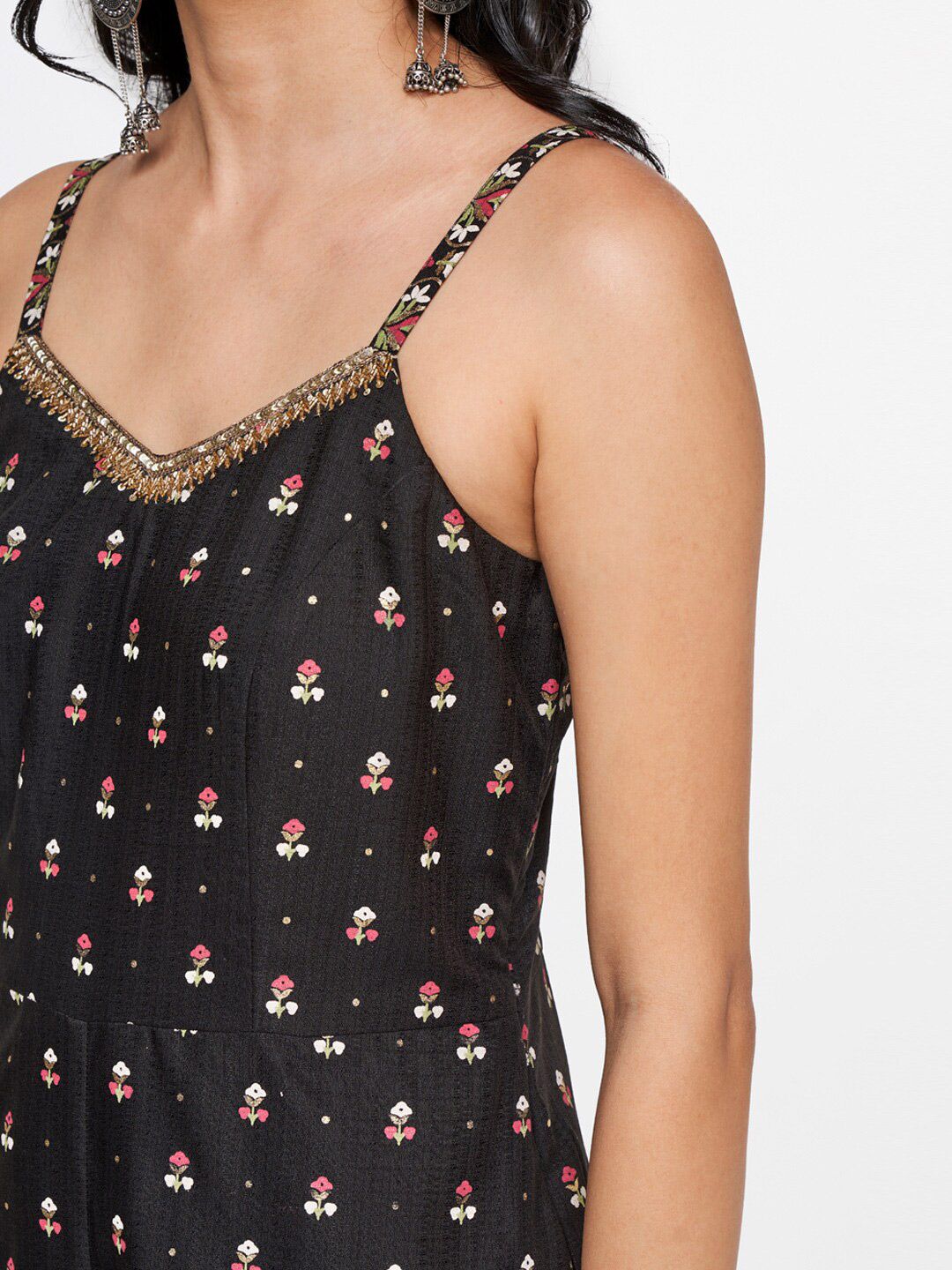 Global Desi Women Black & Gold-Toned Printed Basic Jumpsuit
