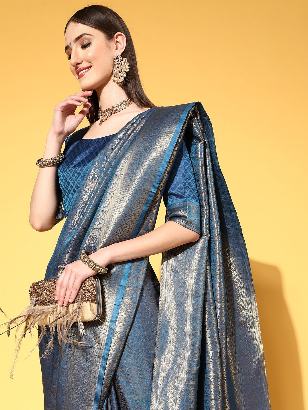 Saree mall Blue & Golden Ethnic Motifs Silk Blend Sarees