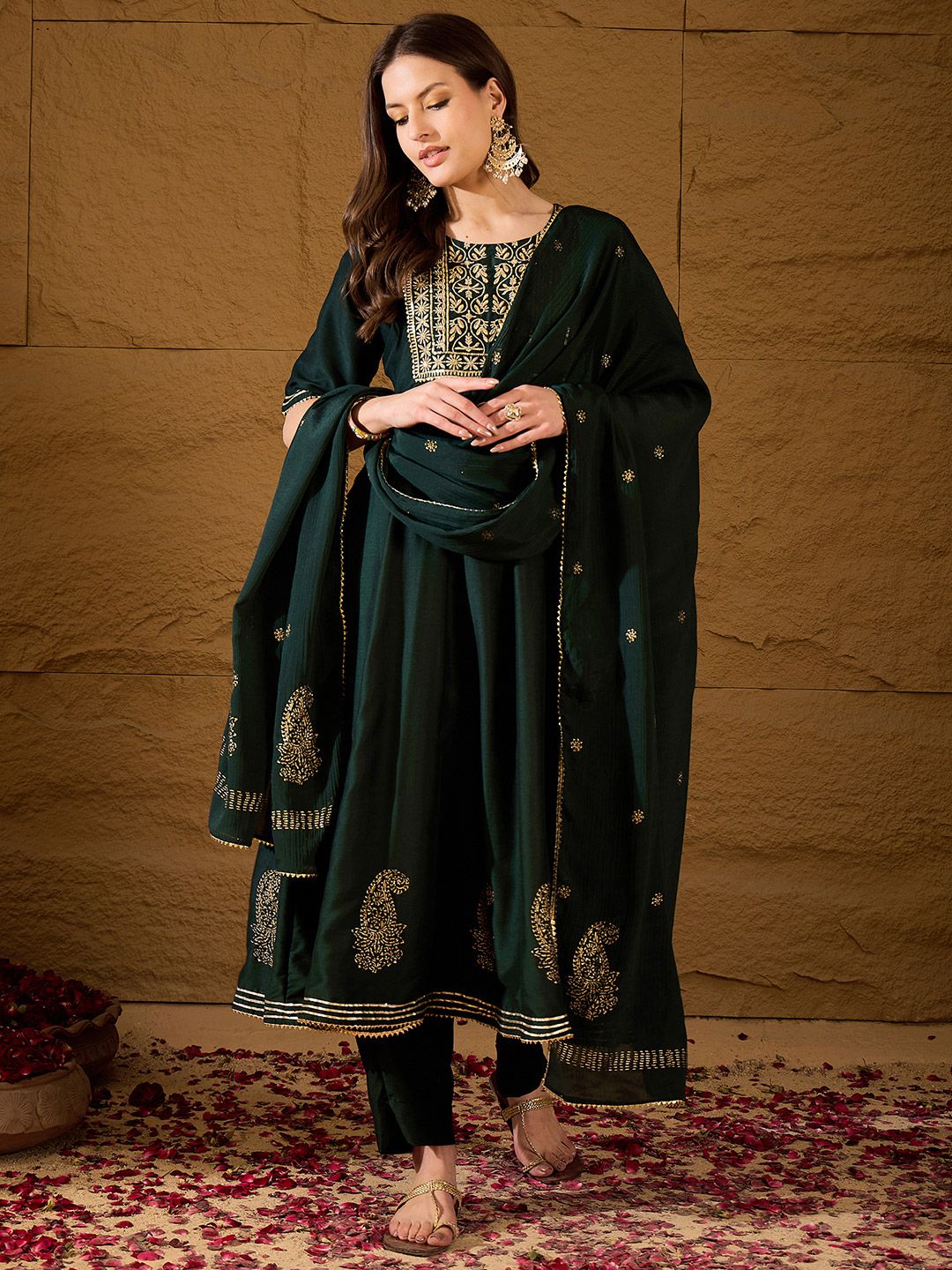 KALINI Ethnic Motifs Embroidered Round Neck Sequinned Empire Kurta With Trouser & Dupatta