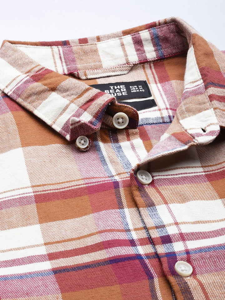 THE BEAR HOUSE Men Rust Orange & White Slim Fit Checked Pure Cotton Casual Shirt