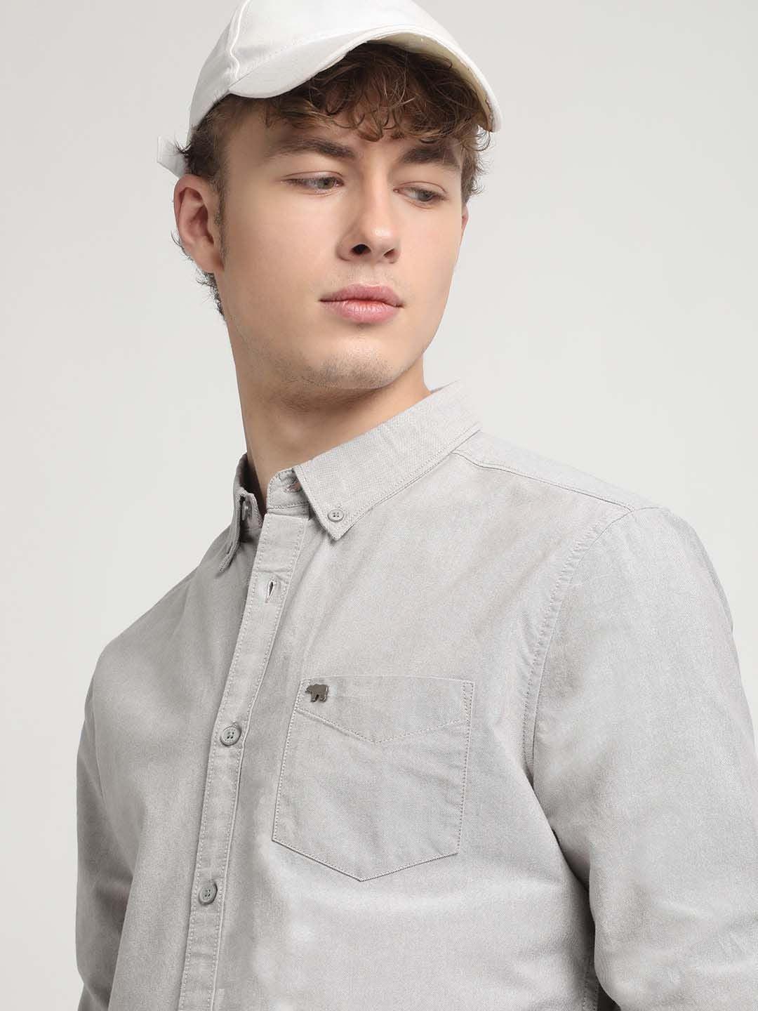 THE BEAR HOUSE Slim Fit Button Down Collar Chest Pocket Pure Cotton Casual Shirt
