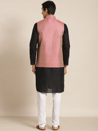 SOJANYA Lelaki Black Chikankari Pure Cotton Kurta with Churidar & Nehru Jacket