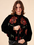 Antheaa Black Floral Collar Collar Collar Velvet Jacket yang disesuaikan