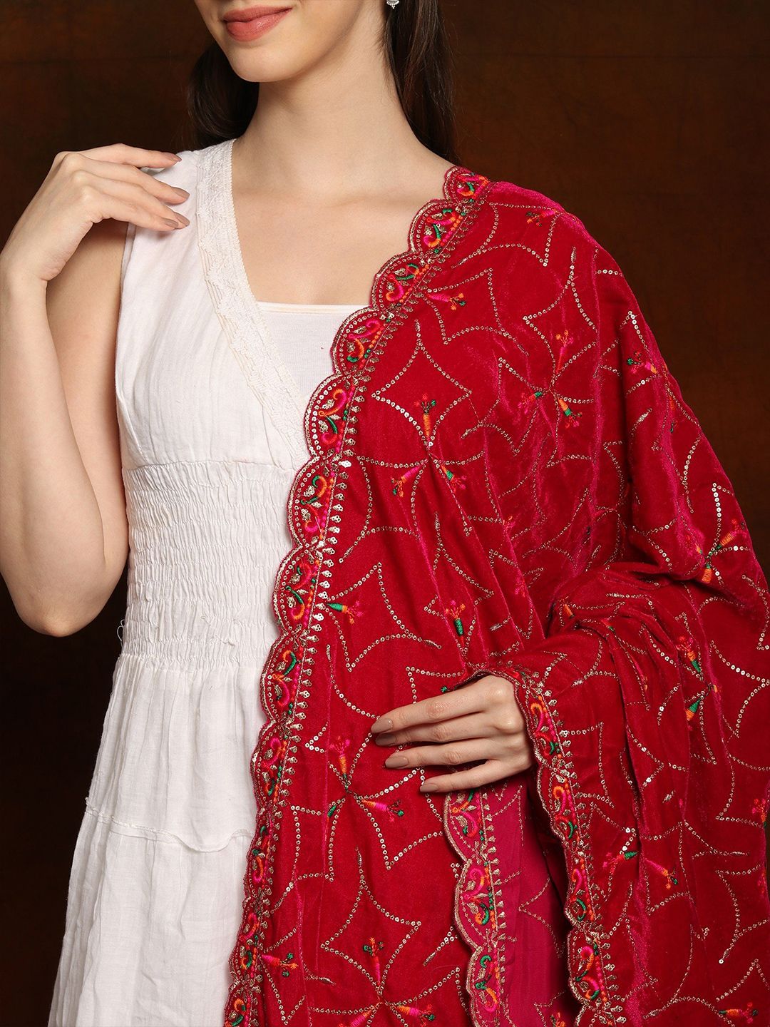 Exotic India Poppy Red Velvet Dupatta with Zari and Sequinned Diamond Pattern