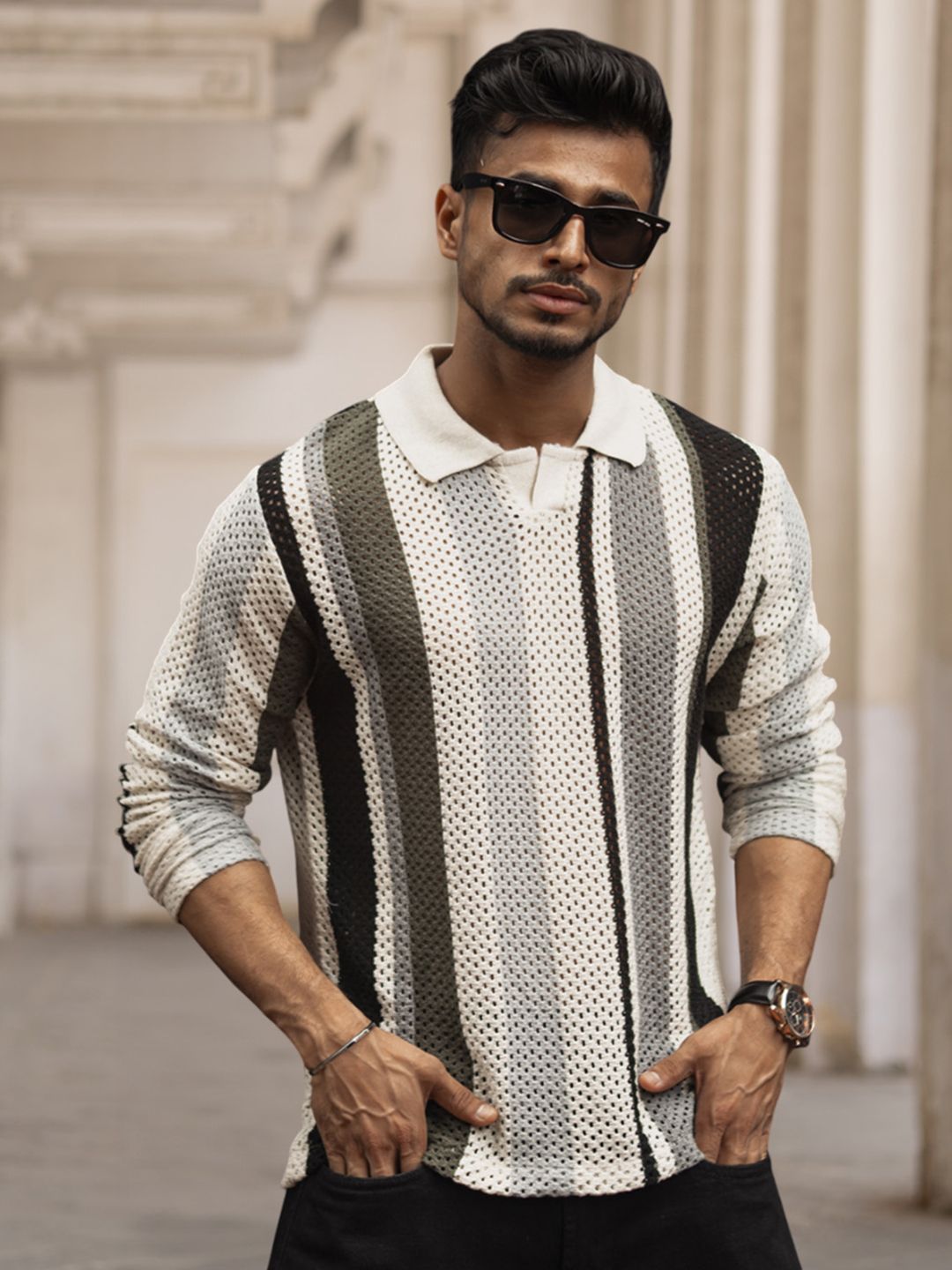 Powerlook Men Striped Printed Polo Collar Acrylic T-shirt