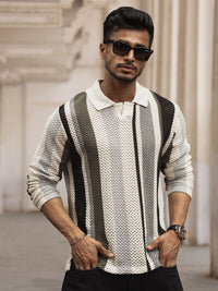Powerlook Men Striped Printed Polo Collar Acrylic T-shirt