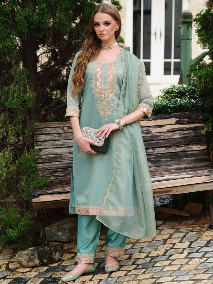 Indo Era Yoke Design Round Neck Kurta With Trousers & Dupatta