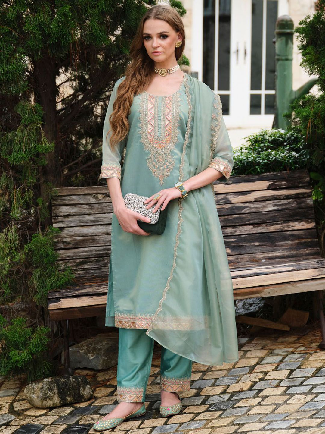 Indo Era Yoke Design Round Neck Kurta With Trousers & Dupatta
