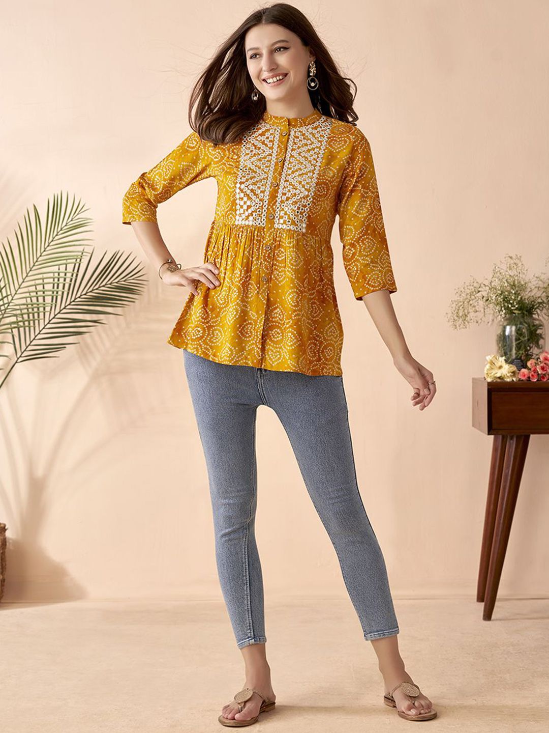 Anouk Bandhani Printed Thread Work A-Line Short Kurti