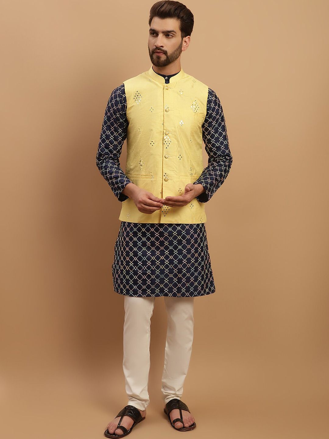 SOJANYA Geometric Embroidered Regular Kurta with Churidar & Embellished Nehru Jacket