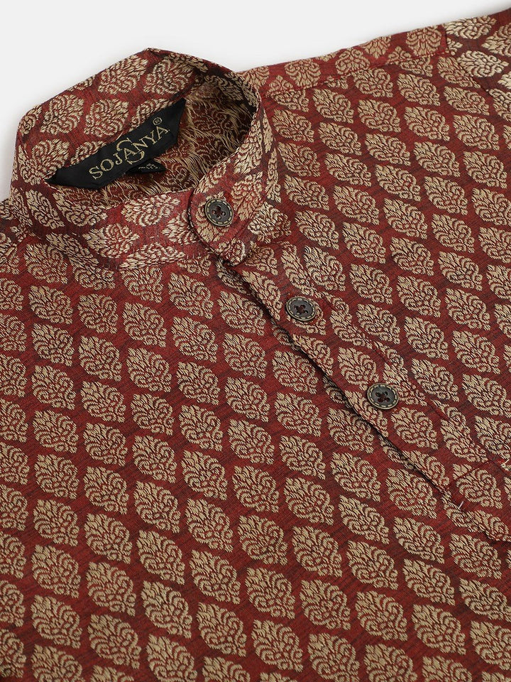 SOJANYA Boys Maroon & Golden Woven Design Mandarin Collar Jacquard Straight Kurta